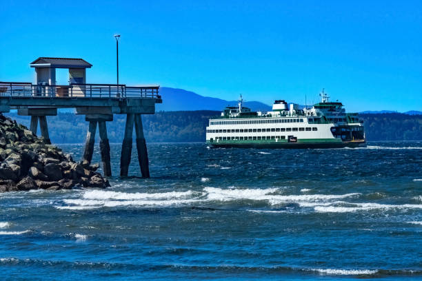 The city of Vancouver region in the province of British Columbia on August 21, 2024: View of people enjoying a sunset over English Bay from a pier in West Vancouver, British Columbia
