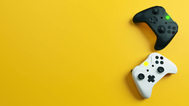 istock Game competition. White and black joystick with yellow background 3D rendering 1220017837