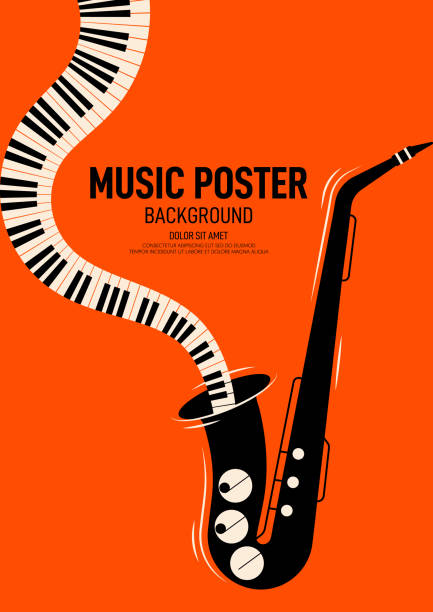 Music poster design template background decorative with saxophone and piano keyboard Music poster design template background decorative with saxophone and piano keyboard. Graphic design element can be used for backdrop, banner, brochure, leaflet, publication, vector illustration abstract musical instrument stock illustrations
