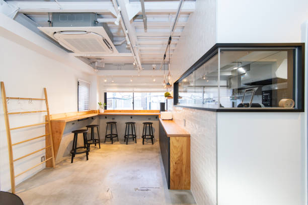 cozy cafe and kitchen over the window - café edifício de restauração imagens e fotografias de stock