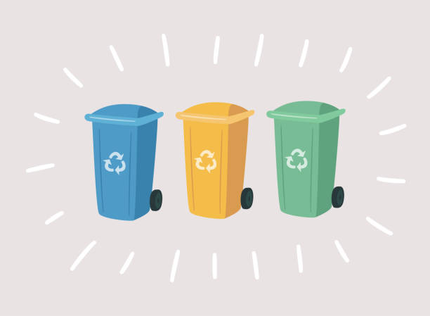 ilustraciones, imágenes clip art, dibujos animados e iconos de stock de latas de basura coloridas para residuos separados. contenedores para reciclar la clasificación de residuos. vector - multi colored paper color image garbage
