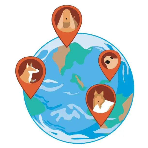 Vector illustration of Planet earth and the location of dogs as a concept of a wireless GPS collar for controlling a pet's walk, flat vector stock illustration with dog isolated on white background