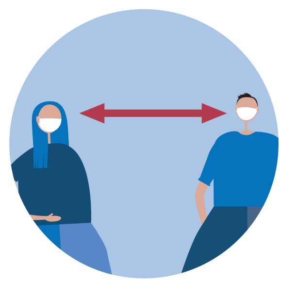istock Social distance between people to stop the epidemic and pandemic, flat vector stock illustration with masked man and woman as a concept for disease prevention 1220021911