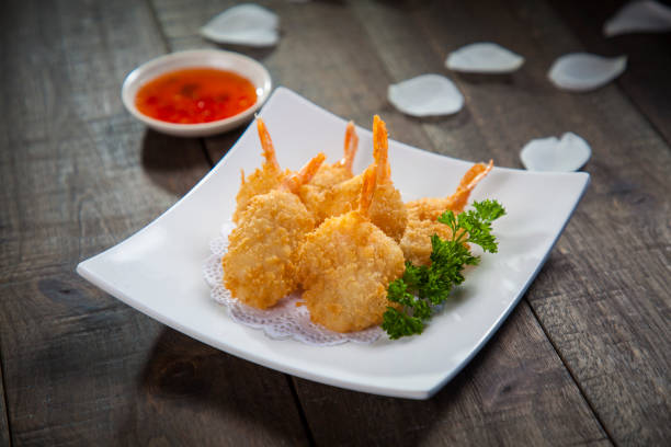 Fried Shrimp Six Fried Shrimps appetizer plate stock pictures, royalty-free photos & images