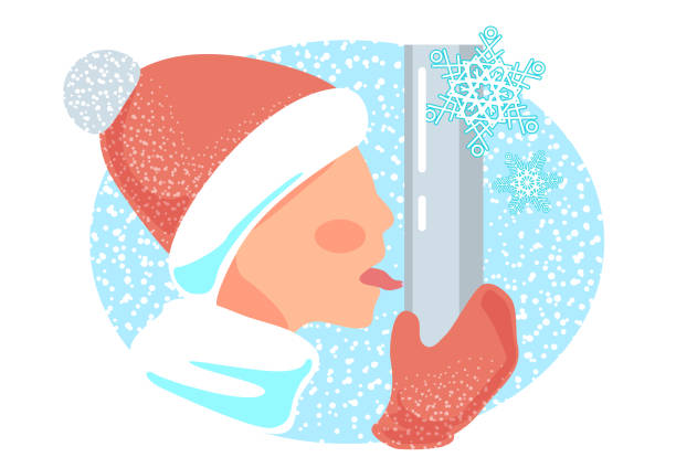 Tongue stick freeze to metal pole vector. Winter frostbite illustration. Funny joke, trick with iron stick. Boy stuck isolated caricature on white background. Snowy blue and red fun card Tongue stick freeze to metal pole vector. Winter frostbite illustration. Funny joke, trick with iron stick. Boy stuck isolated caricature on white background. Snowy blue and red fun card. background of the kid sticking his tongue out stock illustrations