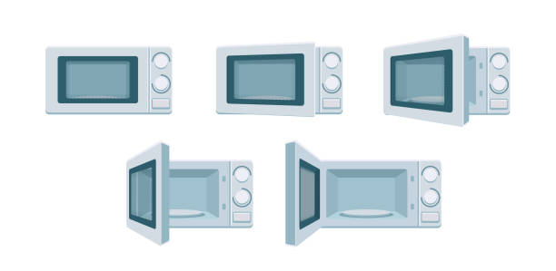 istock Modern microwave set ready for animation. Open and close oven poses in front view. Degree of openness Cooking stove, vector kitchen appliance. Digital concept illustration isolated white background 1220022385