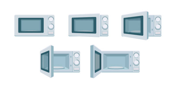 Modern microwave set ready for animation. Open and close oven poses in front view. Degree of openness Cooking stove, vector kitchen appliance. Digital concept illustration isolated white background Modern microwave set ready for animation. Open and close oven poses in front view. Degree of openness Cooking stove, vector kitchen appliance. Digital concept illustration isolated on white background digital animation stock illustrations