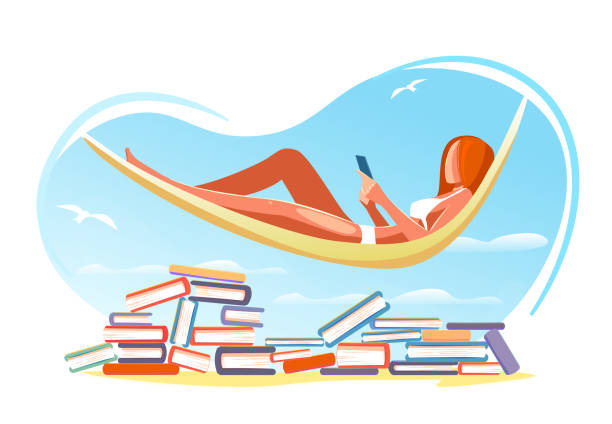 lesen sie buch sommer strand konzept. urlaub, ferienerziehung, studium vektor-illustration. mädchen liest liegend in einer hängematte über stapeln von büchern. moderne karte für web-design isoliert auf weißem hintergrund - women young women white background eastern europe stock-grafiken, -clipart, -cartoons und -symbole