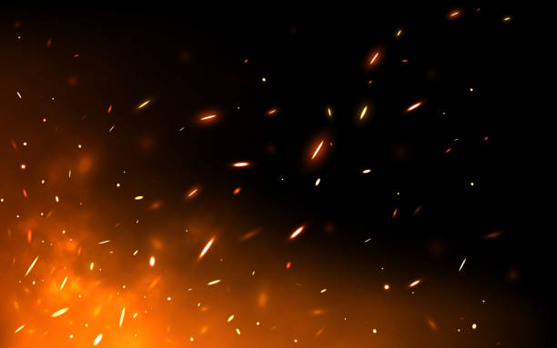feuer funkt auf dunkler kulisse. glühende partikel fliegen nach oben. realistisches feuer und flamme. gelb- und rotlichteffekt. brennende orange elemente. vektor-illustration - campfire coal burning flame stock-grafiken, -clipart, -cartoons und -symbole