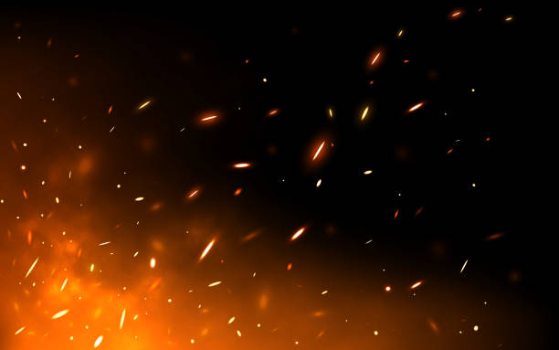 istock Fire sparks on dark backdrop. Glowing particles flying up. Realistic fire and flame. Yellow and red light effect. Burning orange elements. Vector illustration 1220023897
