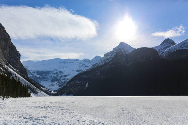 Frozen Lake Louise in Banff National Park stock photo