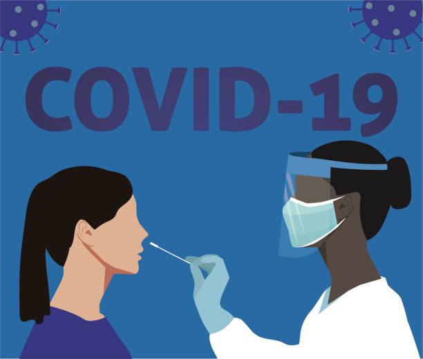Coronavirus medical testing Covid-19 testing carried out by a medical professional, worker, doctor, or nurse. Patient receiving a Corona test. Staff wearing PPE face masks and visors. scientific experiment stock illustrations