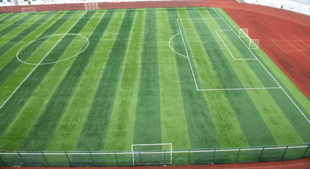 istock Neatly lush football pitch close-up 1220031327