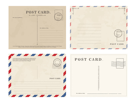 Composed graphic set of various postcards with blank writing area on white background