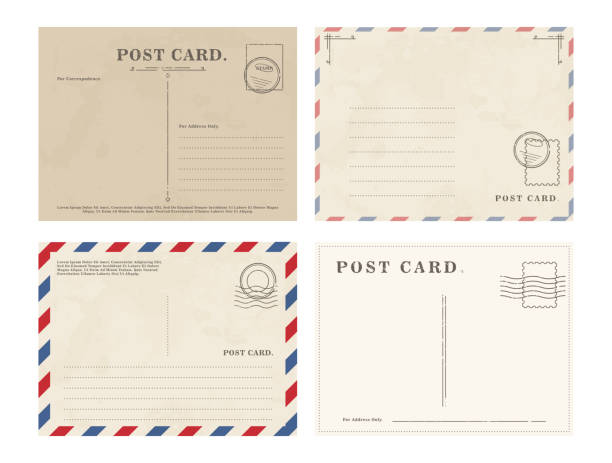 Set of simple blank postcards Composed graphic set of various postcards with blank writing area on white background travel borders stock illustrations