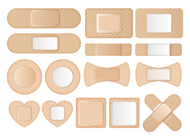 ilustraciones, imágenes clip art, dibujos animados e iconos de stock de colección de diferentes ayudas de banda en forma - adhesive bandage bandage vector computer graphic