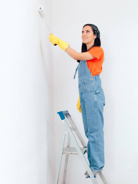 はしごの上の女性 自宅で壁を描く - female house painter home decorator paintbrush ストックフォトと画像