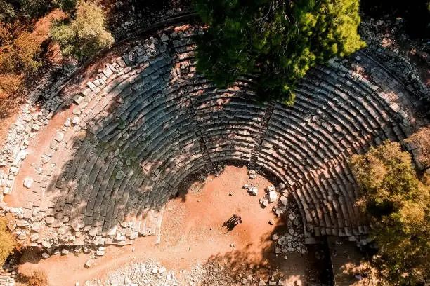 Photo of Top view of the ruins of an amphitheater near the old town of Fazelis. Beautiful park on the Mediterranean coast. Top view of the reserve. tourist attraction and top places in Turkey
