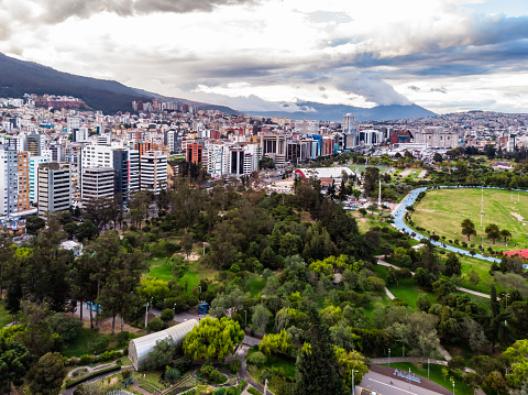 Quito, Ecuador, Aerial view of the park La Carolina located in the north of the city is full of gardens and sports courts to which their neighbors come in the afternoon.