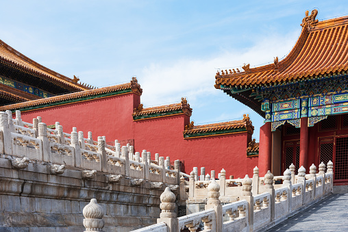 Golden pattern curved roof and carved ceramic figures in the traditional style of architecture in the Chinese Forbidden City