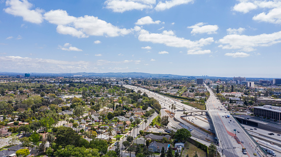 Aerial view of the urban core of downtown Santa Ana, California.