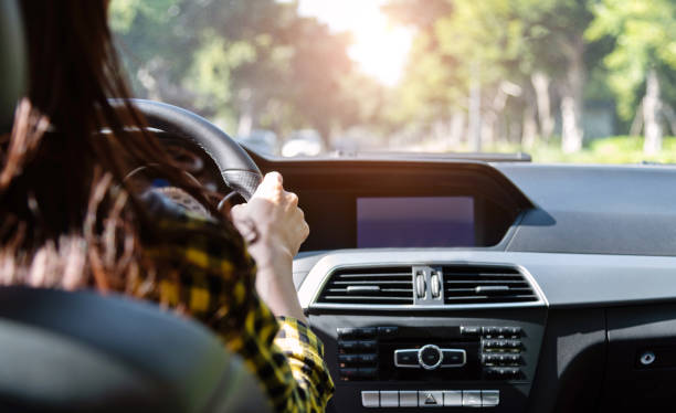 istock Rear view of woman driving a car 1220041085