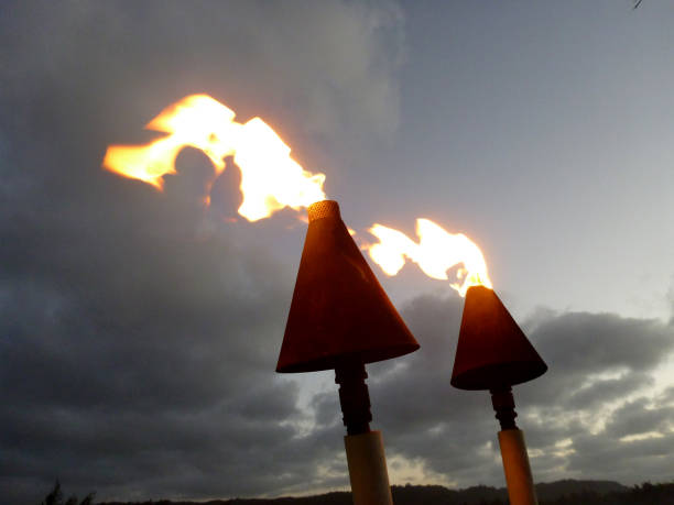 istock Flames burn from Tiki torches at dusk 1220043673