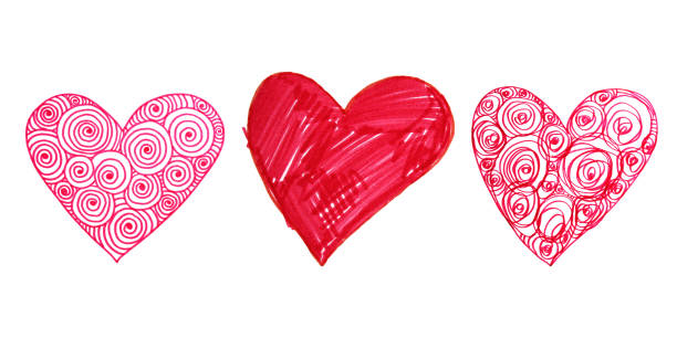 set rote verzierte herzen handgezeichnetmarker isoliert auf weißem hintergrund naive kunst kreative wirbel objekt - ornate swirl heart shape beautiful stock-grafiken, -clipart, -cartoons und -symbole