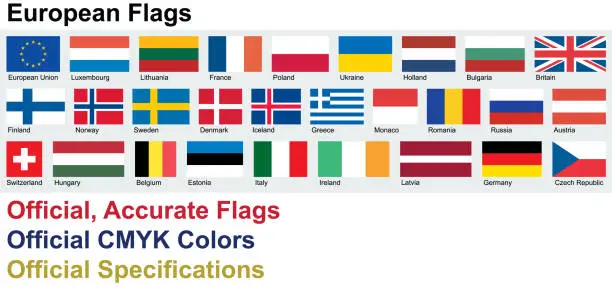 Vector illustration of Official European Flags (Official CMYK Colors, Official Specifications)