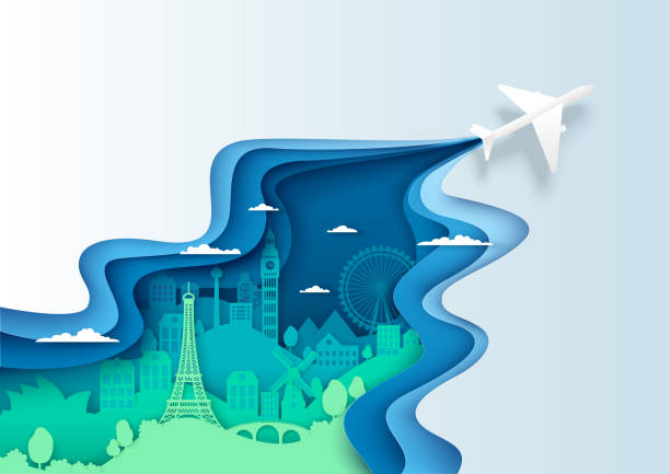 ilustrações, clipart, desenhos animados e ícones de ilustração do estilo de corte de papel em camadas do conceito de viagem aérea - cidade papel