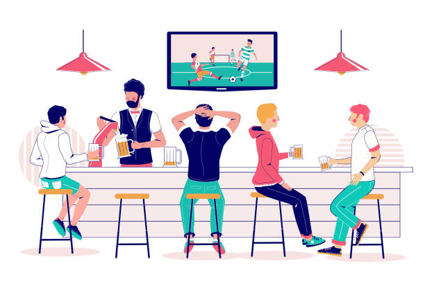 Beer pub visitors watching soccer match on tv, vector flat illustration Group of people drinking beer and watching football match in sport bar, vector flat illustration. Beer pub visitors soccer fans supporting their favorite team and having fun. men watching soccer game stock illustrations