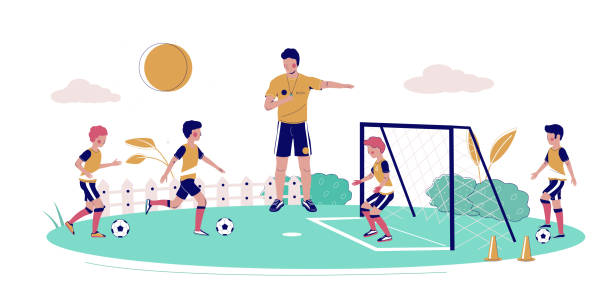 illustrazioni stock, clip art, cartoni animati e icone di tendenza di illustrazione di design in stile piatto della scuola di calcio per bambini - bambini calcio