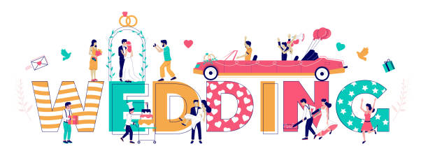 Wedding typography banner template, vector flat illustration Wedding typography banner template, vector flat illustration. Happy bride and groom, guests, chef with big cake, arch, photographer taking photo of newlyweds, just married couple riding wedding car. vintage funny photos stock illustrations