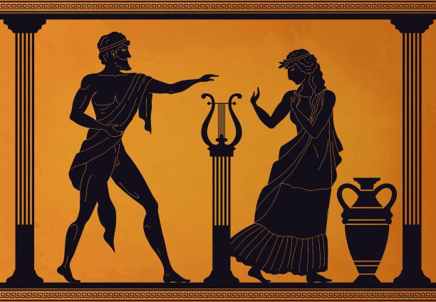 ilustrações, clipart, desenhos animados e ícones de cena da grécia antiga. vaso de antiguidade com silhuetas de personagens e deuses da mitologia, padrão de povo grego lendário vetor - greece