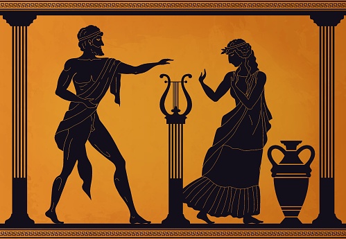 Ancient Greece scene. Antic vase with silhouettes of mythology characters and gods, Vector legendary Greek people mythological pattern old culture with woman and man in toga with lyre and amphora