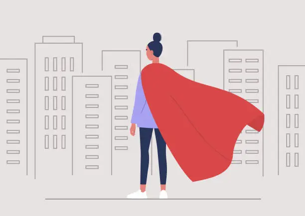 Vector illustration of Superhero conceptual illustration, Young female character wearing a red cape