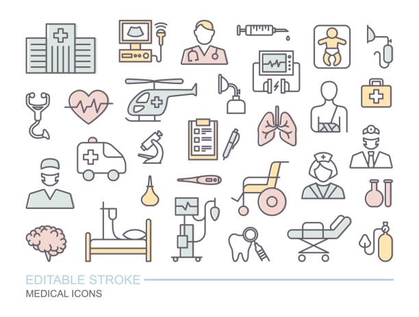 Set of medical icons. Thin linear vector symbols on the theme of diagnostics, treatment, and hospitals. Linear icons with editable stroke Set of medical icons. Thin linear vector symbols on the theme of diagnostics, treatment, and hospitals. Linear icons with editable stroke farmacia stock illustrations