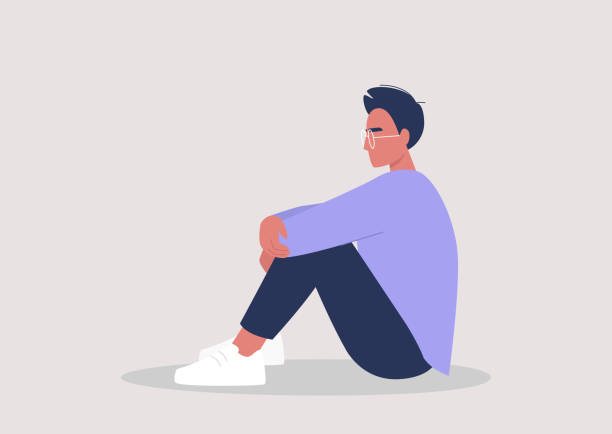 illustrazioni stock, clip art, cartoni animati e icone di tendenza di giovane personaggio maschile che abbraccia le ginocchia, stress emotivo, salute mentale - floor sitting