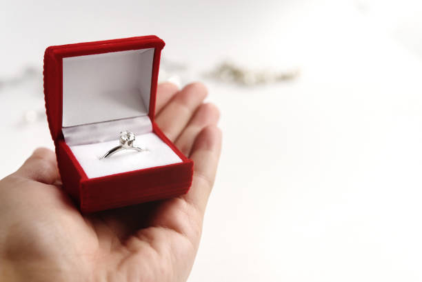 istock luxury ring with diamond in stylish red box in hand on white background, present and love concept, valentine's day proposal 1220056387