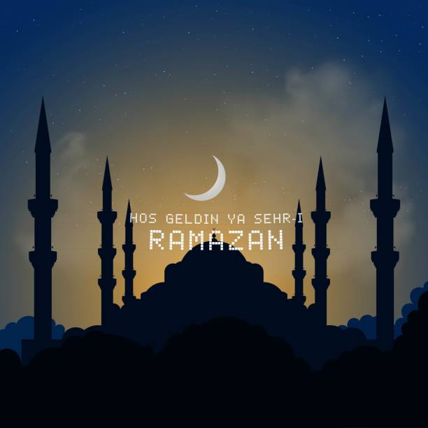 witamy miesiąc ramadanu (turecki hosgeldin ya sehri ramazan, hos geldin on bir ayin sultani), badanie wektorowe na temat sylwetki błękitnego meczetu - blue mosque illustrations stock illustrations