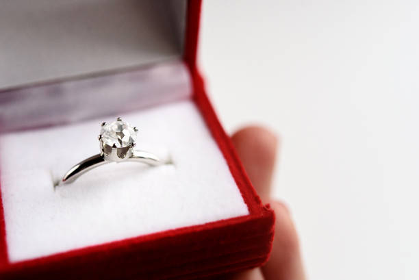 istock luxury ring with diamond in stylish red box in hand on white background, present and love concept, valentine's day proposal 1220056550
