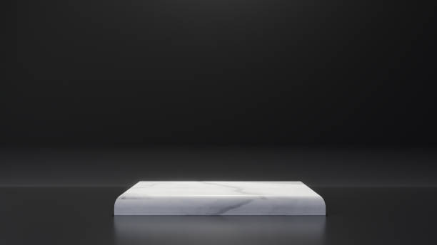 White marble product rectangle table stand on black background. Abstract minimal geometry concept. Studio podium platform. Exhibition and business presentation stage. 3D illustration render graphic