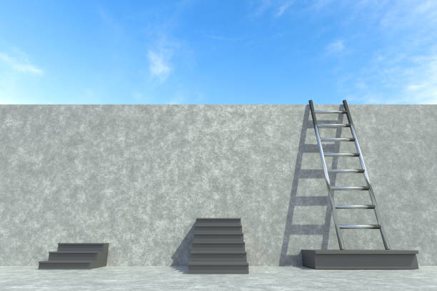 istock 3d rendering illustration .Challenge career goal using intelligent planning to achieve success  ladders on wall ,competition business and creative ideas concept 1220058906