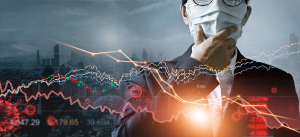 Economy crisis, Businessman with mask, Analysis corona virus economic impact, Crisis business and market financial conditions in the global Effects of outbreak and pandemic covid-19, Stocks fall. Economy crisis, Businessman with mask, Analysis corona virus economic impact, Crisis business and market financial conditions in the global Effects of outbreak and pandemic covid-19, Stocks fall. stock market crash photos stock pictures, royalty-free photos & images