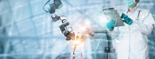 istock Robotics and doctor research and analysis checking coronavirus or covid-19 testing result on interface, To make a vaccine and inhibition of disease outbreaks, Science and Medical technology. 1220059383