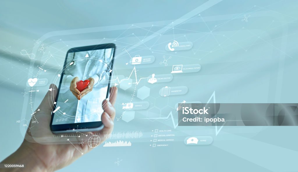 Healthcare, Doctor online and virtual hospital concept, Diagnostics and online medical consultation on smartphone, Communication with patient on network, Innovative and  medical technology. Healthcare And Medicine Stock Photo