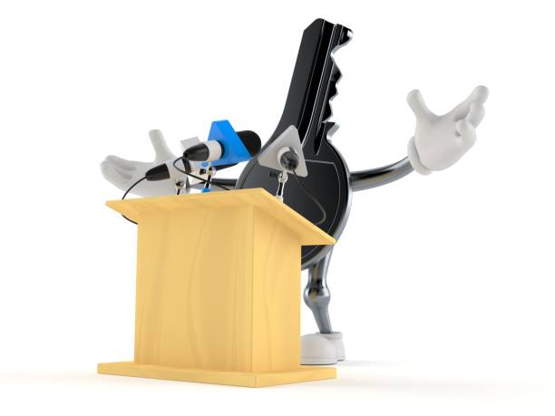 istock Door key character gives a presentation 1220062794