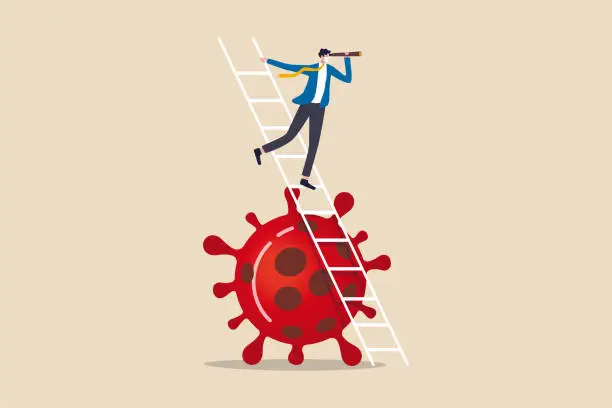 Vector illustration of Business vision new normal after Coronavirus COVID-19 pandemic causing financial crisis and economy recession concept, businessman leader holding telescope on top of ladder above Coronavirus pathogen