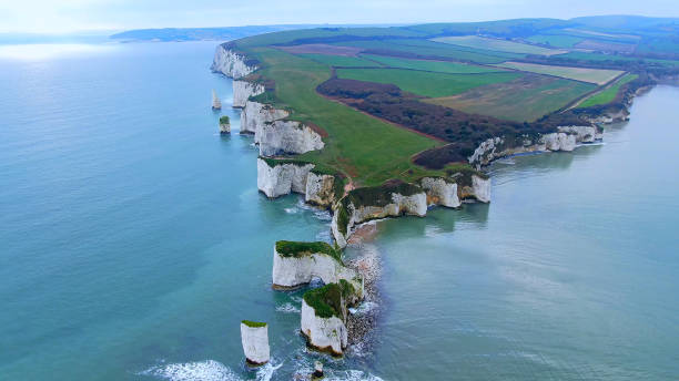 istock Old Harry Rocks in England - aerial view 1220063257