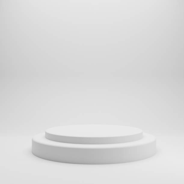 istock White product stand on white background. Abstract minimal geometry concept. Studio podium platform theme. Exhibition and business marketing presentation stage. 3D illustration rendering graphic design 1220064449